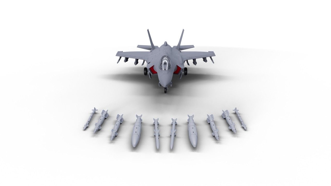 Figure 1: CAD Render of the F-35®A kit with some of the weaponry in front.