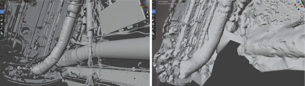 Figure 9 : Front wheel bay scan comparison. 3D scanner (left) and photogrammetry (right).