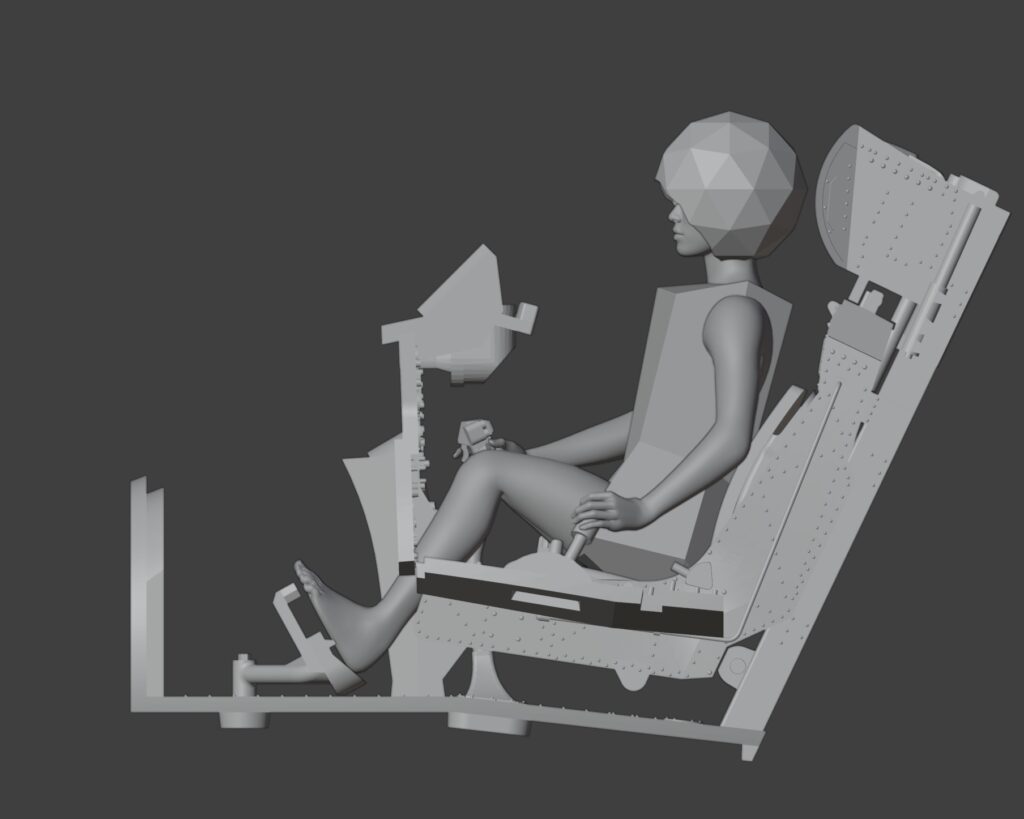 Abbildung 10: Beginn des 3D-Designs der Figur mit einer groben Vorstellung der Helmgröße und einem klobigen Oberteil zur Wahrung des Anstands! Das Problem mit der Pedalposition ist hier gut zu erkennen, die Knie sitzen viel zu hoch.