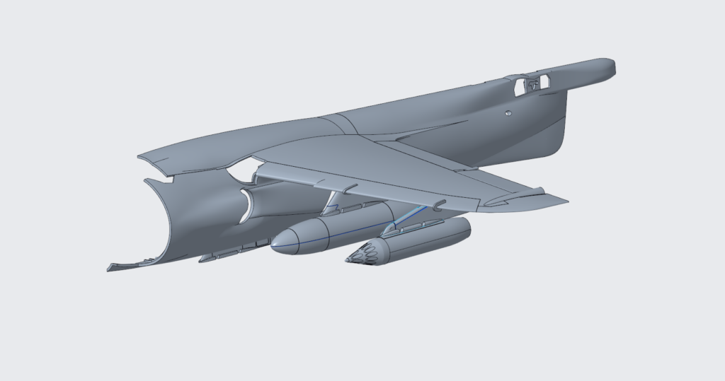 Abbildung 16: Auf die relevanten Bauteile reduzierte Flugzeugzelle sowie der Beginn der Rumpf- und Flügelpylone, ergänzt um den 100-Gallonen-Tank und den Matra-155-Behälter.