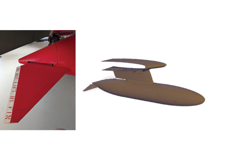 Abbildung 17: Finne des Hunter-Zusatztanks und 3D-Scan, wie auch beim Harrier verwendet.