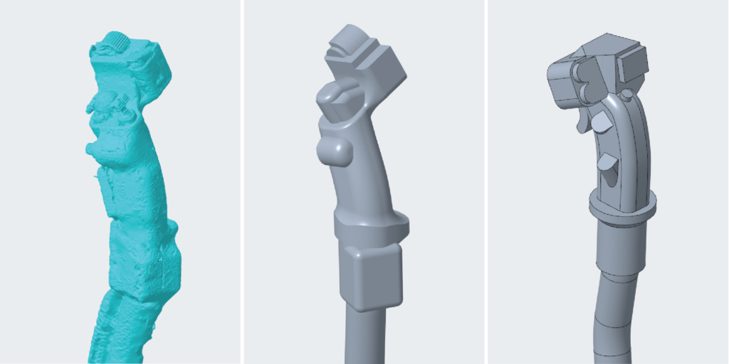 Abbildung 6: 3D-Scan des GR.1-Steuerknüppels (links), erstes CAD für den GR.1-Knüppel (Mitte) und den GR.3-Knüppel (rechts).