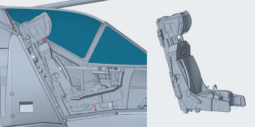 Figure 8: Original seat within the cockpit with arrows to show corrections needed, corrected seat on the right. 