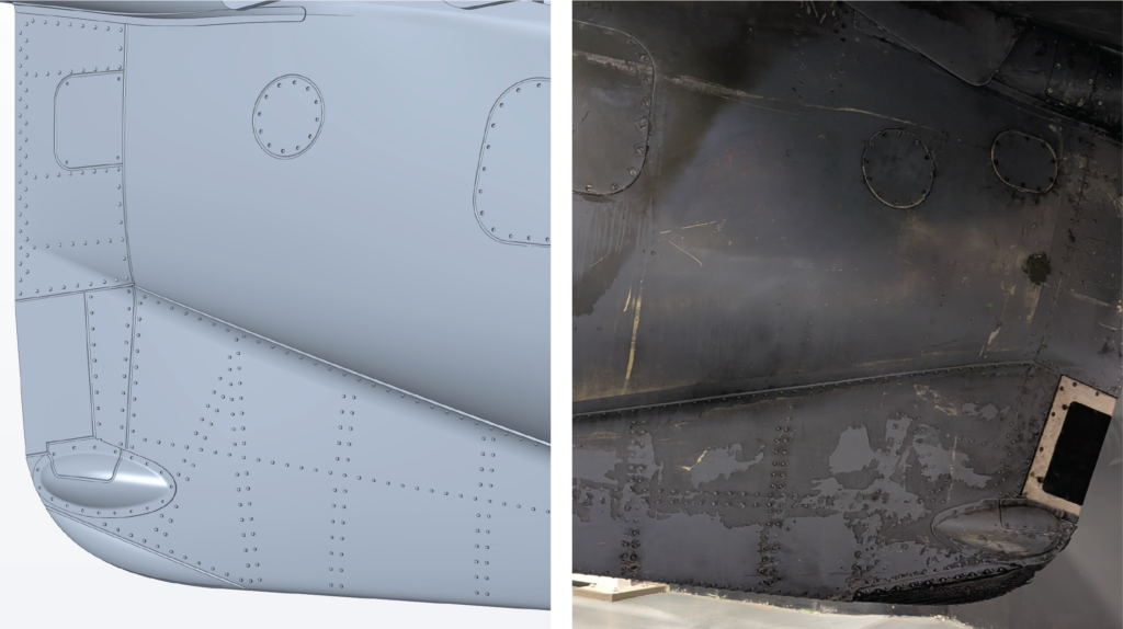 Abbildung 4: Bereich der Ventralflosse des Harrier mit den verschiedenen Arten der ergänzten Oberflächendetails.